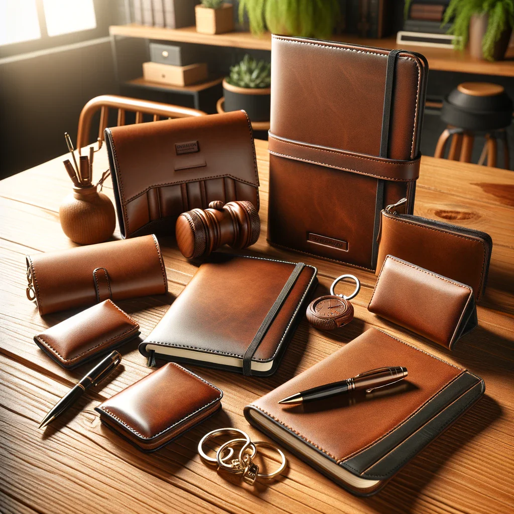 dall e 2024 05 20 20.09.30 a natural looking image of various leather corporate gifts displayed on a wooden table. the items include a leather bound notebook a leather pen case